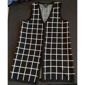 Investments Vest Womens Medium Black White Windowpane Open Front Longline Knit